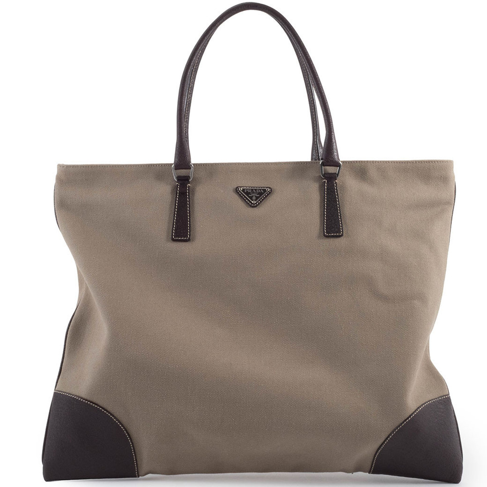 Prada bag canvas tote leather Khaki Green brown handbag square